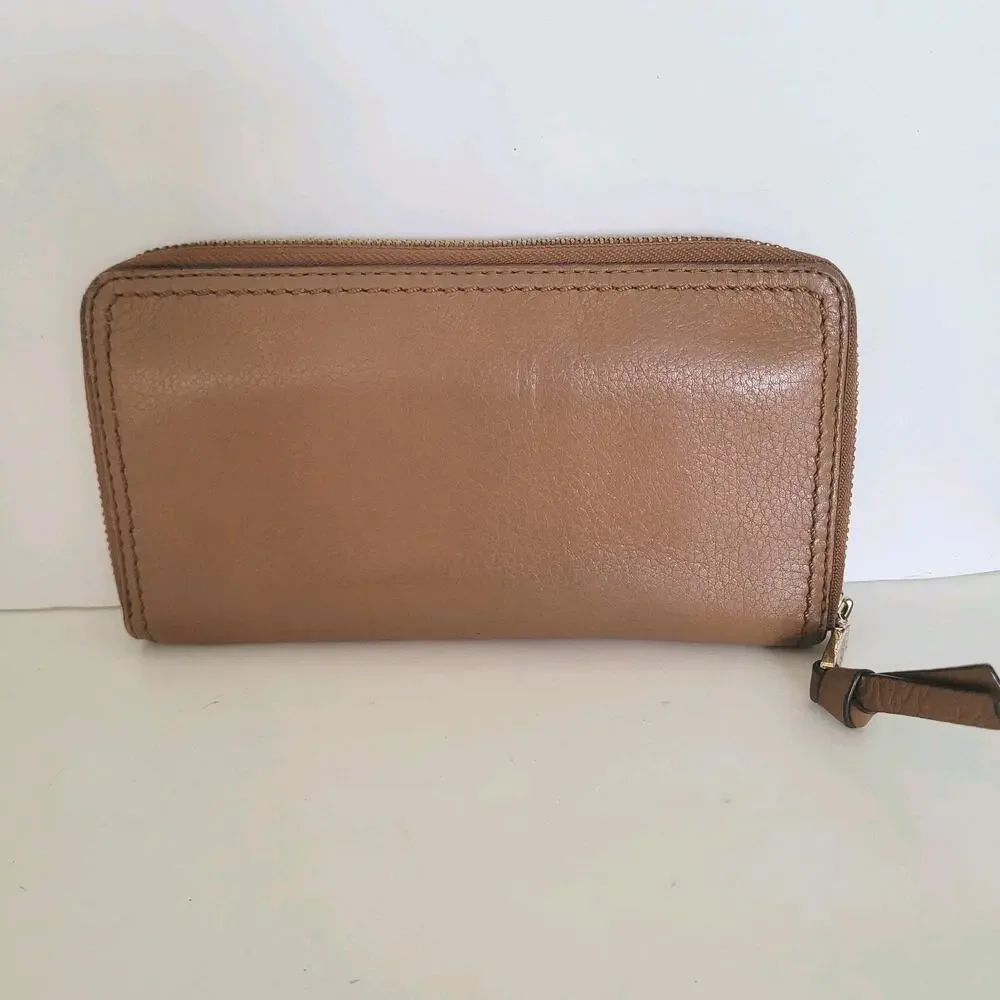 Tory Burch Emerson‎ Large Continental Wristlet Wallet Moose Brown Pebble Leather